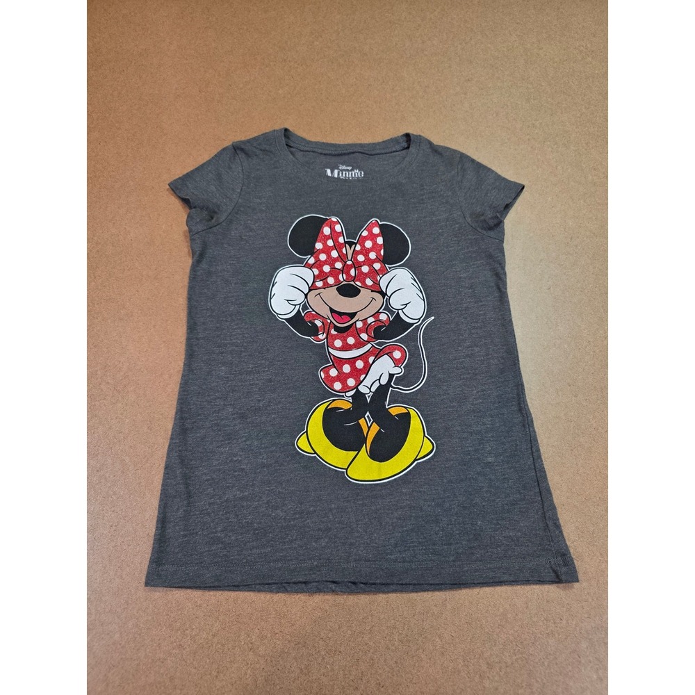 Disney Minnie Mouse Girls Gray Glitter Polka Dot Graphic T-Shirt Size L 10/12